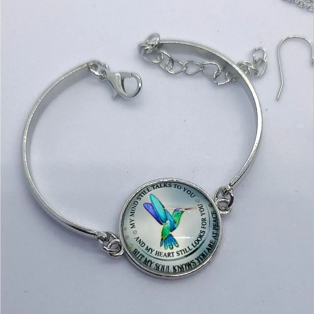 Hummingbird Memorial Jewelry Set Necklace Bracelet Earrings Sympathy Gift